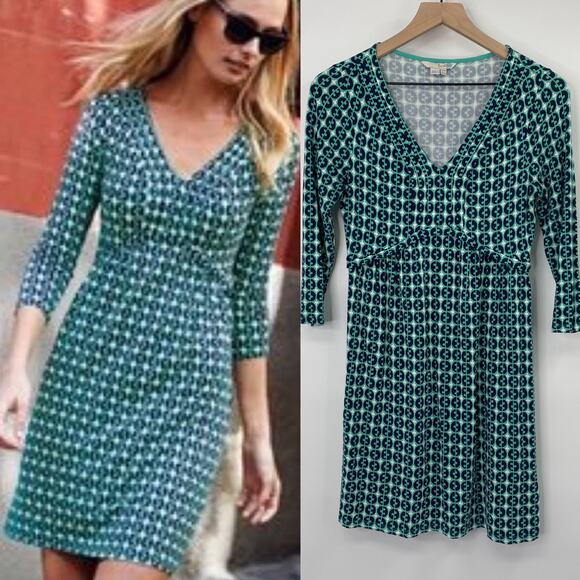 Boden Jersey Knit Mini Dress A Line Geometric Pattern Blue Green Womens 6 - Picture 1 of 8